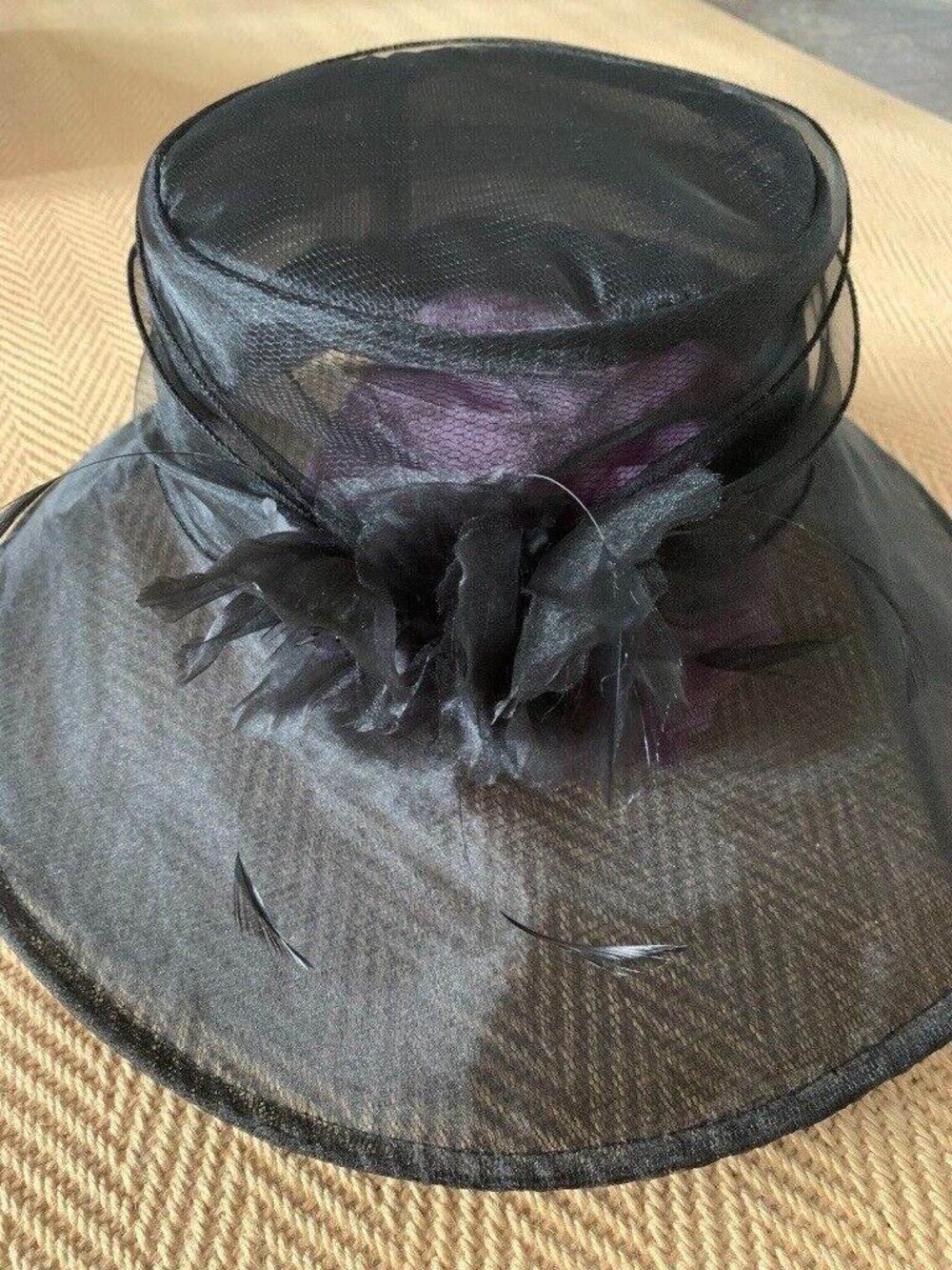 Vintage Black Organza Wide Brim Hat Feather Flower Church Wedding